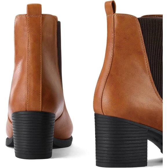 Women's Brown Chelsea Boots Chunky Block Heel Slip On Ankle Boots with Elastic - Picture 4 of 8